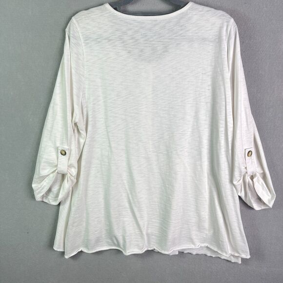 Soft Surroundings Blouse Large White Henley 4 Button Pullover Roll Tab Sleeve - Picture 9 of 10